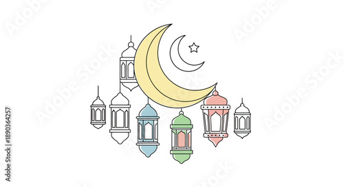 Crescent moon and star with hanging lanterns symbolize Islamic culture and tradition.