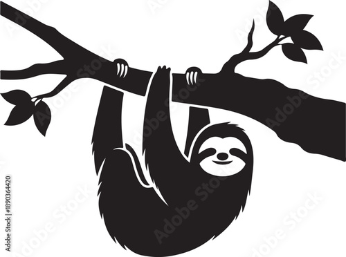 Black silhouette of a sloth hanging from a tree branch black and white d