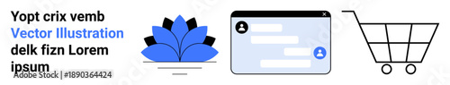 E-commerce, communication tools, online interaction, digital shopping, wellness , graphical . Lotus flower, chat interface shopping cart visible. E-commerce and communication tools concepts