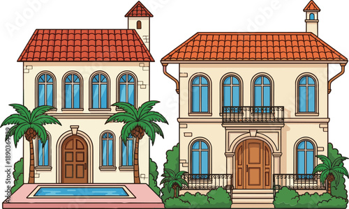 Luxury Mediterranean villa house set with palm trees and swimming pool vector illustration for real estate design