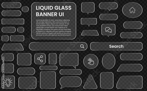 Transparent liquid glass user interface elements kit. Various liquid glass banner UI elements. Set of glass resizing style buttons, forms and outline icons.