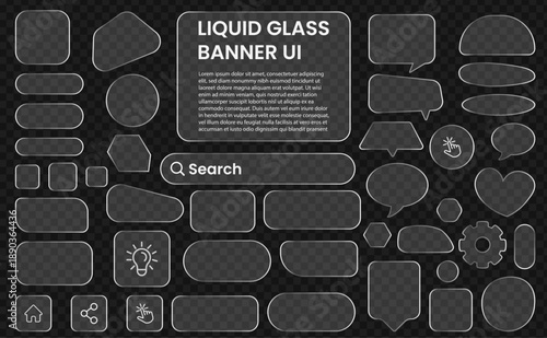 Transparent liquid glass user interface elements kit. Glassmorphism Chat UI Kit with Search Bars, Speech Bubbles, Buttons and Dashboard Components. Various liquid glass banner UI elements.
