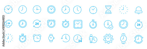 Time and Scheduling line icon set. Contains symbols for clock, calendar, deadline, hourglass, and workflow management. Editable vector design for web, app, and corporate presentations.