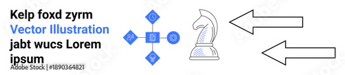 Business strategy, leadership, goal-setting, direction, planning, decision-making. Chess knight symbol with two arrows and abstract icons. Strategy and leadership concept