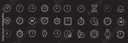 Time and Scheduling line icon set. Contains symbols for clock, calendar, deadline, hourglass, and workflow management. Editable vector design for web, app, and corporate presentations.