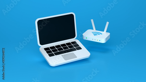 Photos A clean 3D render of a white laptop beside a wireless Wi-Fi router with antennas on a bright blue background