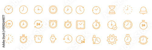 Time and Scheduling line icon set. Contains symbols for clock, calendar, deadline, hourglass, and workflow management. Editable vector design for web, app, and corporate presentations.