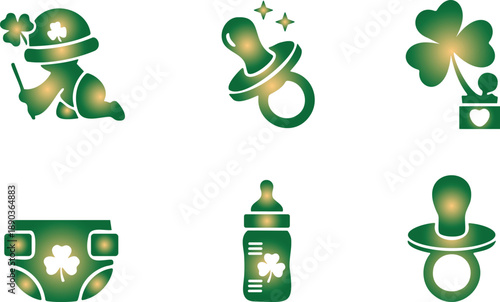 Irish St Patricks Day baby items icons with green and gold colors  shamrocks and pacifiers and bottle
