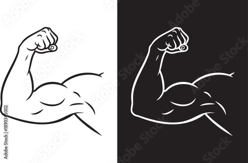 Strong arm flexing bicep muscle power and strength icon graphic in two contrasting styles
