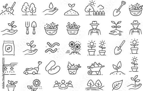 Gardening and Cultivation Icon Set: A comprehensive collection of hand-drawn vector icons representing various gardening and cultivation elements. They are meticulously designed.