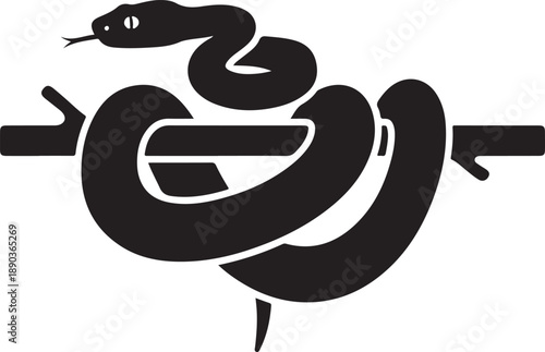 Black snake coiled around a branch with forked tongue serpent reptile animal de