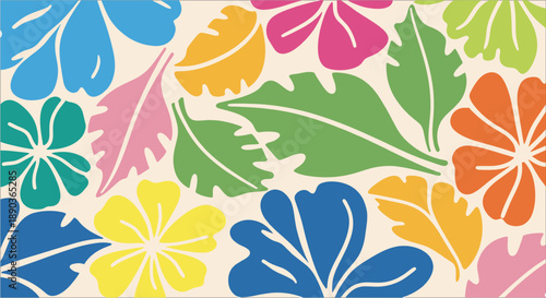 Vibrant tropical floral pattern with large colorful leaves and exotic flowers in a lively arrangement