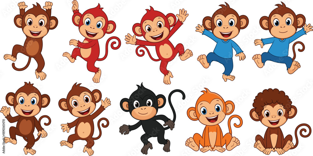 Fototapeta premium monkey cartoon vector set. Happy baby monkeys in playful poses and colorful outfits. Fun animal character collection, isolated on white background.