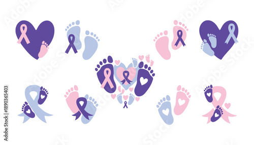 A collection of purple, pink, and blue heart and footprints symbols with awareness ribbons
