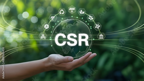 Hand holding glowing globe with csr and sustainability icons, symbolizing corporate social responsibility and environmental commitment