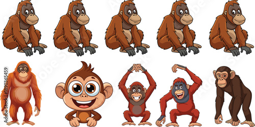 Monkey cartoon character vector set. Cute and funny primates in different poses and emotions. Playful animal illustration collection, isolated on white background.