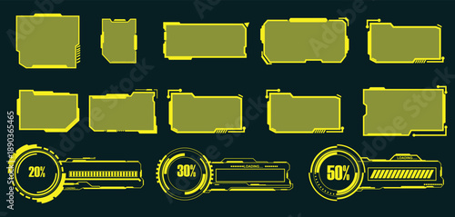 Futuristic digital interface elements featuring frames, boxes, and interactive progress bars