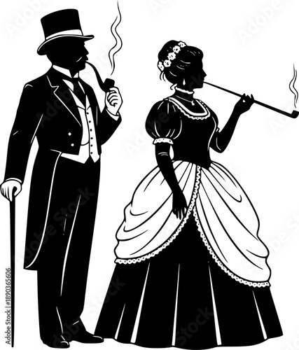 Victorian Silhouette Couple Vector Illustration of Elegant Man and Woman