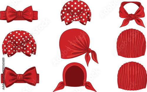 Red hair accessory vector set with bows, headbands, bandanas and polka dot cute fashion elements illustration