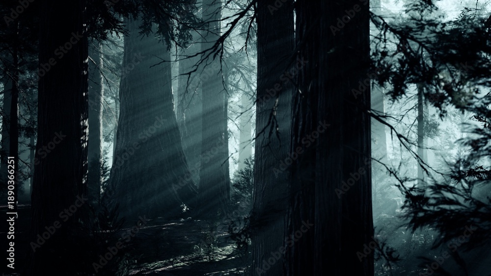 Fototapeta premium Dawn breaks in a quiet forest as soft light streams through tall trees. The air is filled with mist, creating a serene and magical atmosphere in the woods.