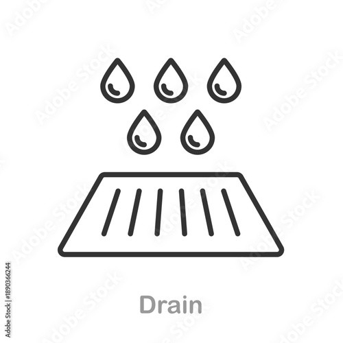 Drain icon in editorial stroke style, clean vector illustration isolated on white background for bathroom and plumbing design.