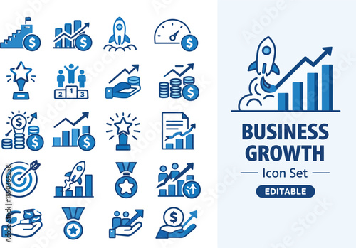 Business Growth Icon Set: A collection of various icons representing the concepts of business growth, including charts, graphs, and rockets, symbolizing progress and expansion.