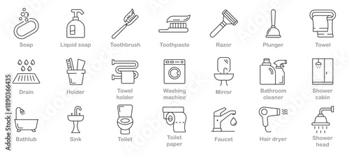 Bathroom Icon Set with Towel, Sink, Bathtub, Toilet, Shower, Faucet, Soap, Toothbrush, Toothpaste, Mirror, Razor, Shampoo and Cleaning Tools.