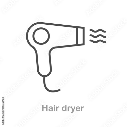 Hair dryer icon in clean vector style, editorial stroke illustration isolated on white background.
