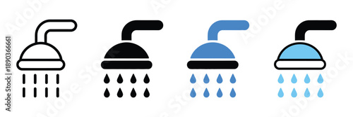 shower vector icons illustrating bathroom fixtures, hygiene and cleanliness concepts, water flow symbols, plumbing services, interior design graphics, and high ranking professional vector