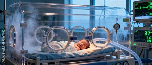 Newborn baby resting inside incubator in neonatal intensive care unit