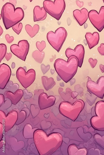 Colorful hearts in various shades of pink float against a soft gradient background, creating a whimsical and romantic atmosphere for celebrations and special occasions