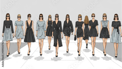 Fashion models walking down a white runway wearing various black and grey dresses from a front viewpoint
