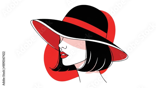 Illustration of a woman wearing a stylish black and red hat viewed from the side