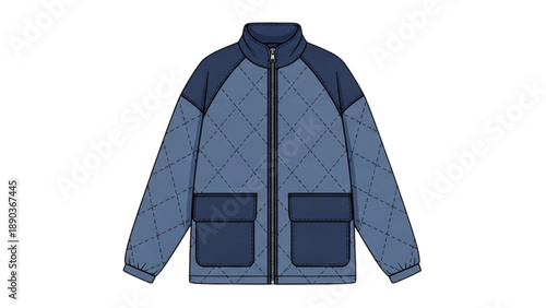 Illustration of a blue quilted jacket with pockets and zipper from a front view
