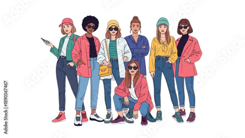 Group of diverse young women posing together in casual wear and sunglasses