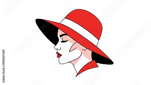 Elegant woman wearing red hat illustrated in profile view