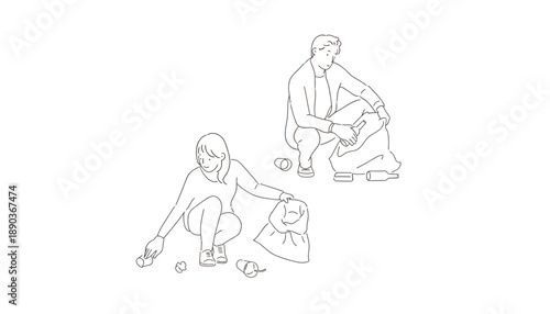 A couple picking up trash and putting it into bags together