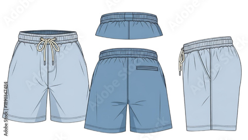 Illustration of various blue beach shorts with different waistbands and drawstrings from multiple viewpoints