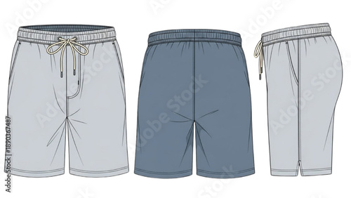 Collection of men's swimwear shorts with varying waistbands and colors displayed side by side