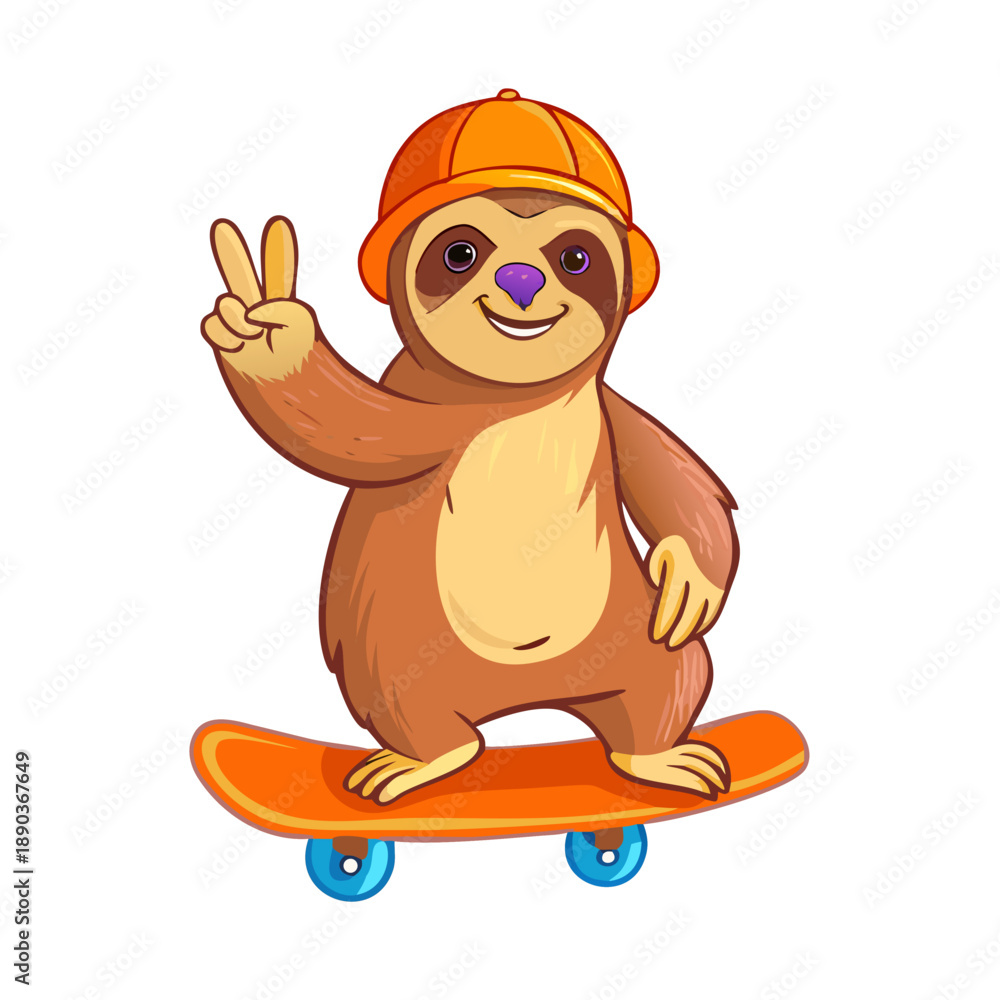 Fototapeta premium A cool brown sloth wearing a backward orange cap, slowly riding a skateboard and giving a peace sign.
