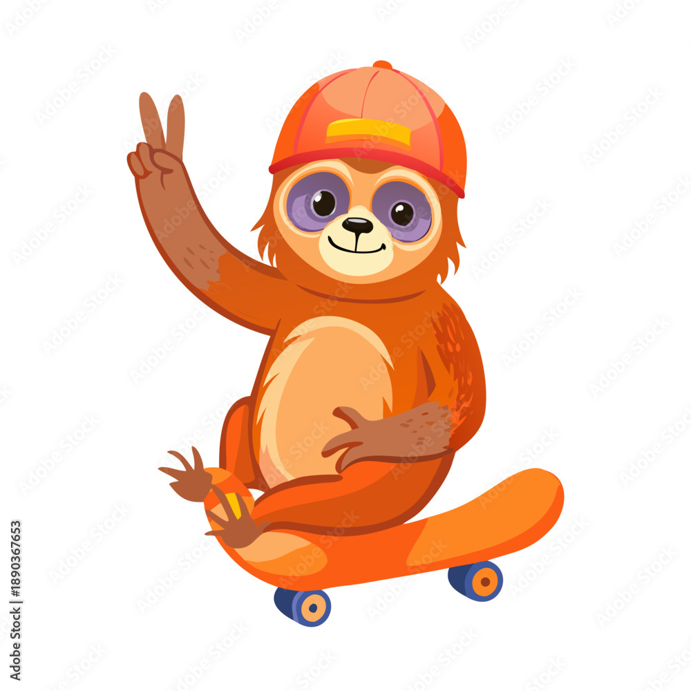 Obraz premium A cool brown sloth wearing a backward orange cap, slowly riding a skateboard and giving a peace sign.