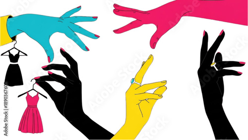 Fashion hands pointing to stylish dresses on hangers from different viewpoints in a colorful illustration