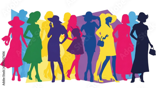 Vibrant group of fashionable women standing together in diverse colorful outfits and hats