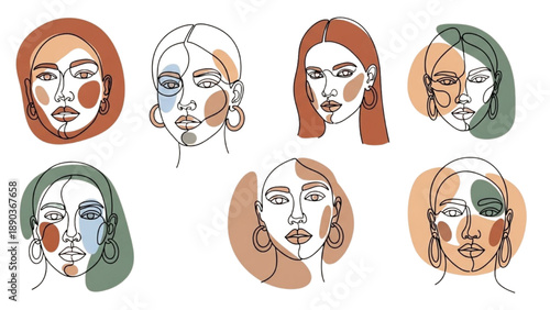 Collection of abstract female faces with diverse hairstyles and facial features in illustration style