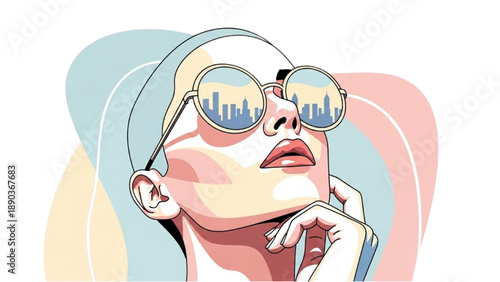Illustration of a contemplative person wearing sunglasses with city skyline reflection, showcasing modern lifestyle and urban scenery