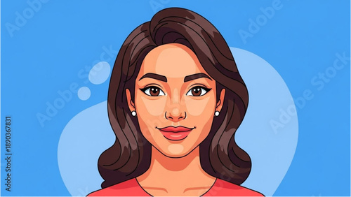 A smiling young woman with long brown hair and red shirt, looking directly at the viewer, illustration style