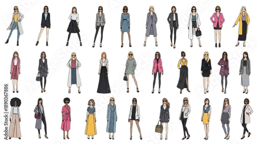 Collection of diverse women in various fashionable outfits standing in different poses, showcasing diverse styles and accessories.