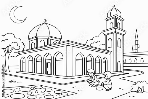 Mosque courtyard with children playing, Ramadan theme, simple line art, black and white coloring page, clean outlines