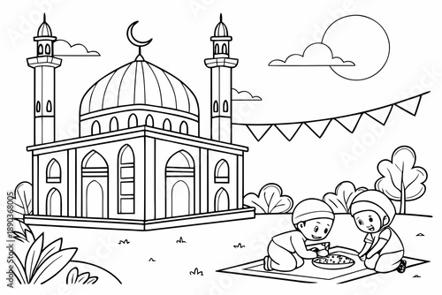 Mosque courtyard with children playing, Ramadan theme, simple line art, black and white coloring page, clean outlines