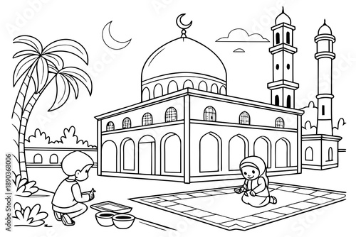 Mosque courtyard with children playing, Ramadan theme, simple line art, black and white coloring page, clean outlines